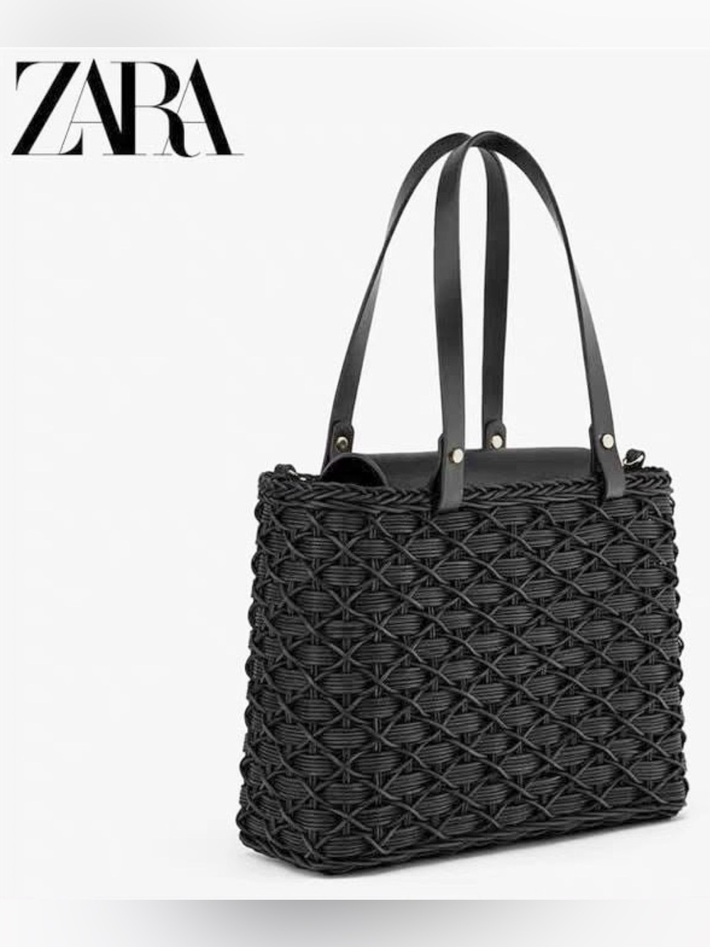 ZARA Black Woven Straw Basket Bag